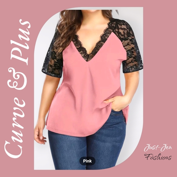 NWT!! Women's Plus Size Pink and Black Jacquard Contrast Lace Casual Fashion Top - Picture 2 of 10